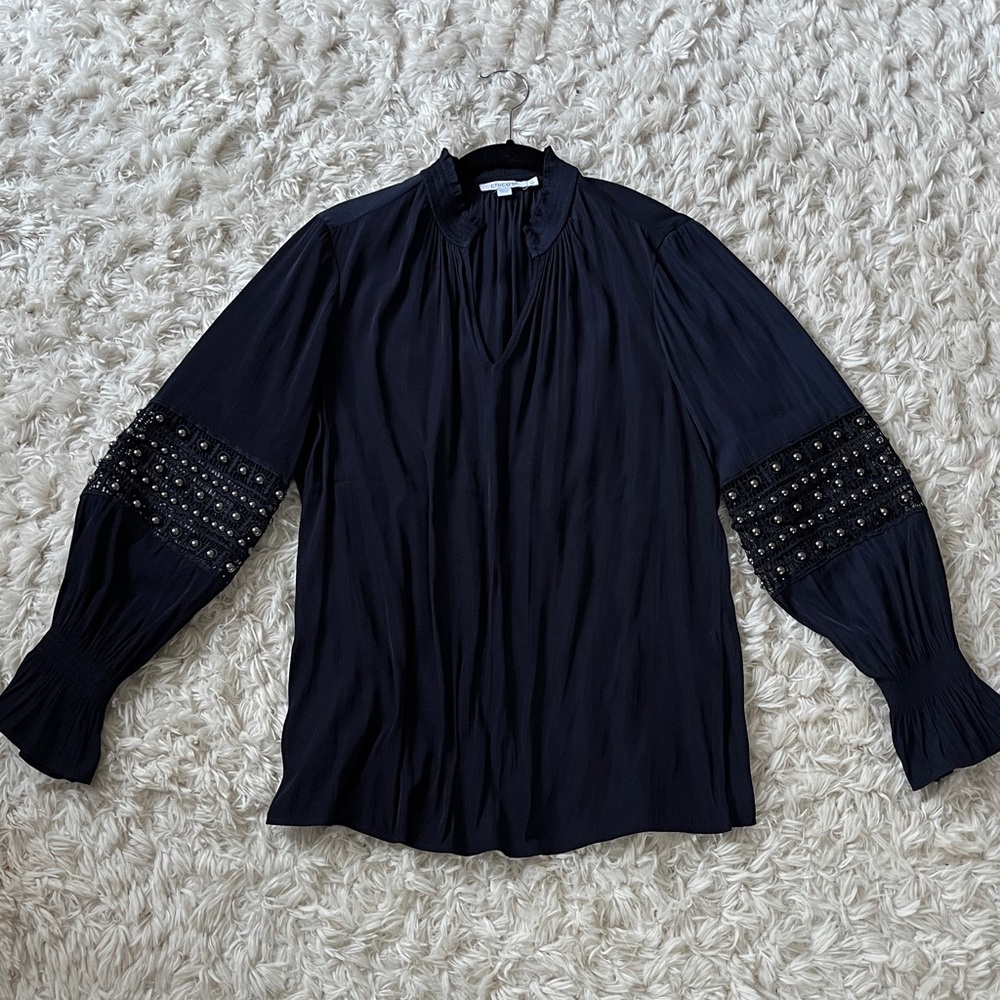 Chico's Navy Beaded Sleeve V-Neck Blouse Size Medium EUC